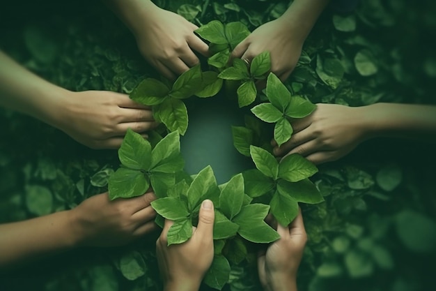 Foto manos sosteniendo un círculo de hojas verdes