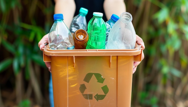 Foto manos sosteniendo el contenedor de reciclaje