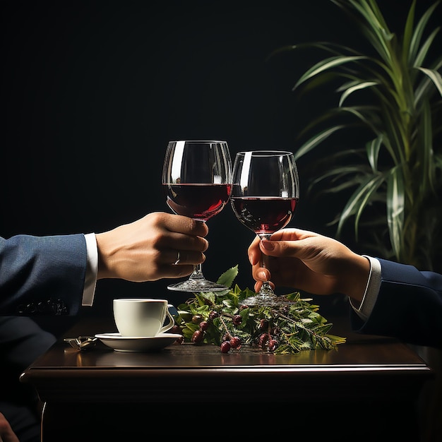 Foto manos sosteniendo copas de vino con tostadas celebración romántica para el concepto de pareja celebración en primer plano