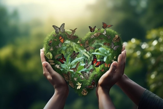 Foto manos sosteniendo un corazón con mariposas en la hierba