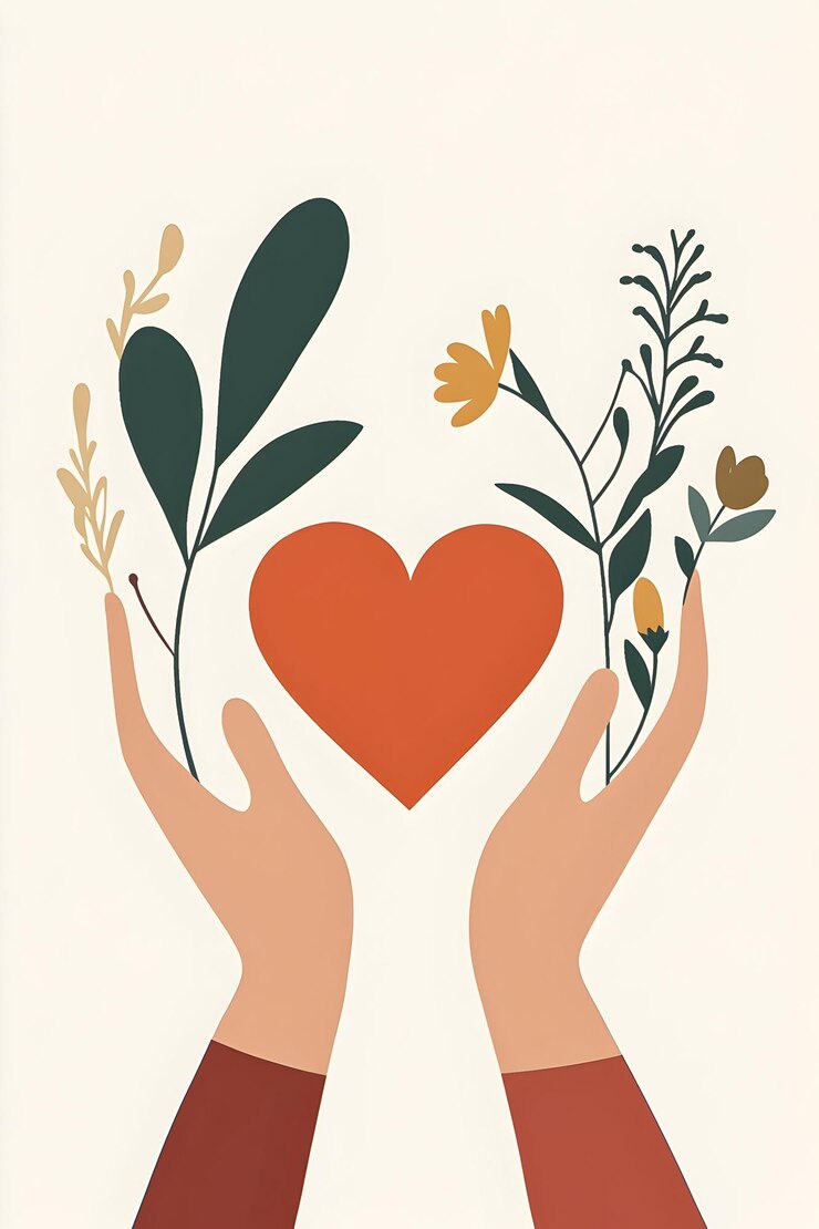 Manos sosteniendo un corazón rodeado de hojas y flores en un diseño minimalista