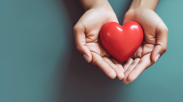 Manos sosteniendo un corazón rojo que simboliza la salud, el amor, la donación de órganos y la atención plena para la salud mundial
