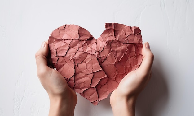 Manos sosteniendo corazones de papel rotos corazones rotos concepto de relación de amor