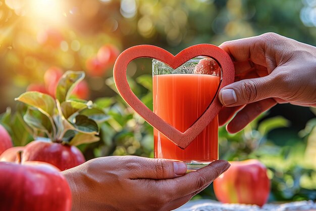 Manos sosteniendo un corte en forma de corazón sobre un vaso de jugo de manzana que significa amor por las bebidas saludables