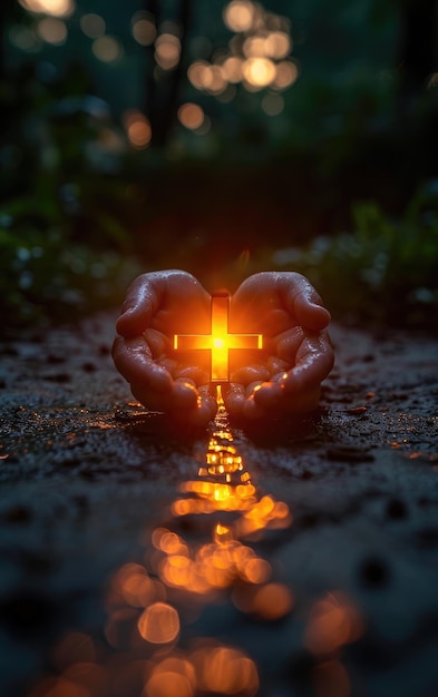 Foto manos sosteniendo un crucifijo un creyente orando con los brazos cruzados jesucristo luz divina del cielo