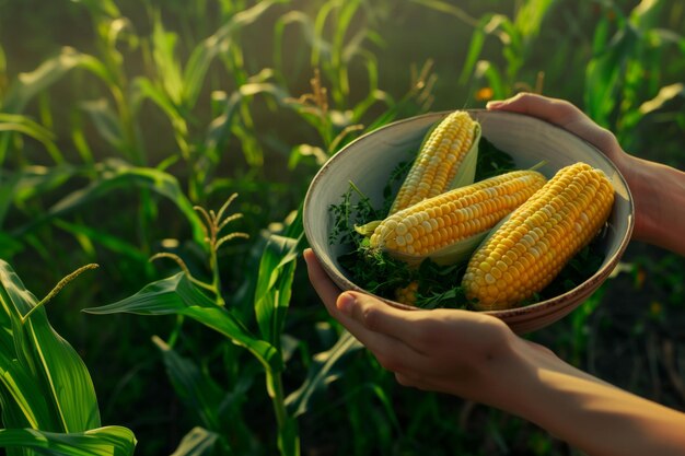 Foto manos sosteniendo un cuenco de maíz contra un telón de fondo de campo de maíz