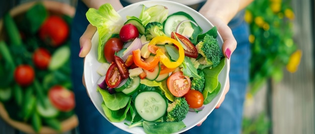 Manos sosteniendo una ensalada de verduras mezcladas frescas en un entorno saludable y brillante