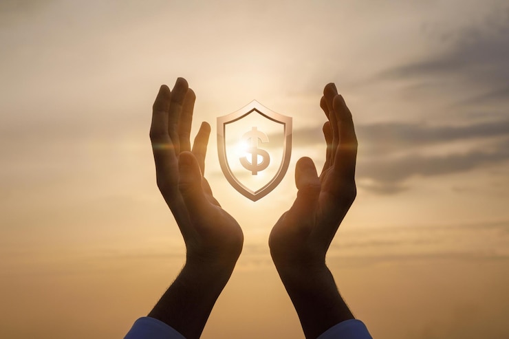 Foto manos sosteniendo un escudo con el sol detrás de ellas