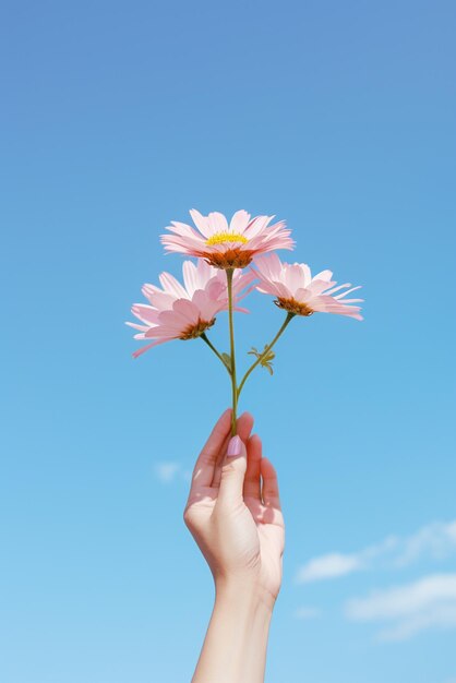 Manos sosteniendo una flor aislada en el fondo del cielo