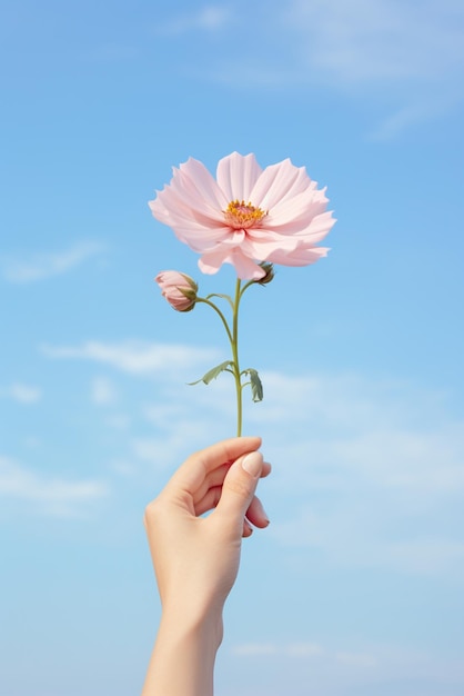 Manos sosteniendo una flor aislada en el fondo del cielo