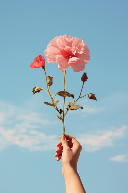 Manos sosteniendo una flor aislada en el fondo del cielo