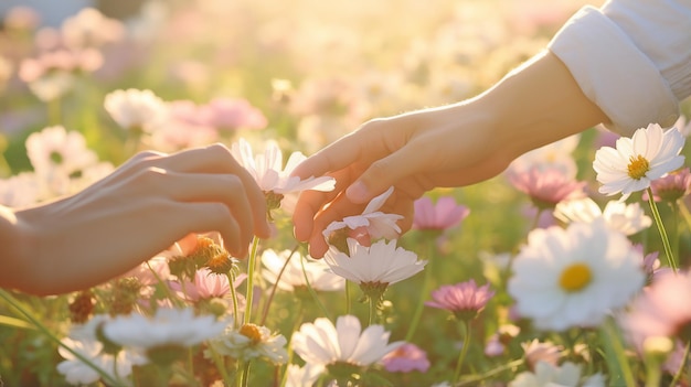 manos sosteniendo flores en un campo con el sol