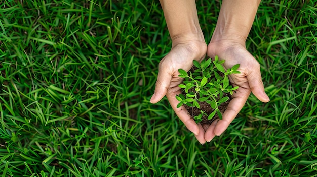 Las manos sosteniendo el fondo de la hierba de la planta