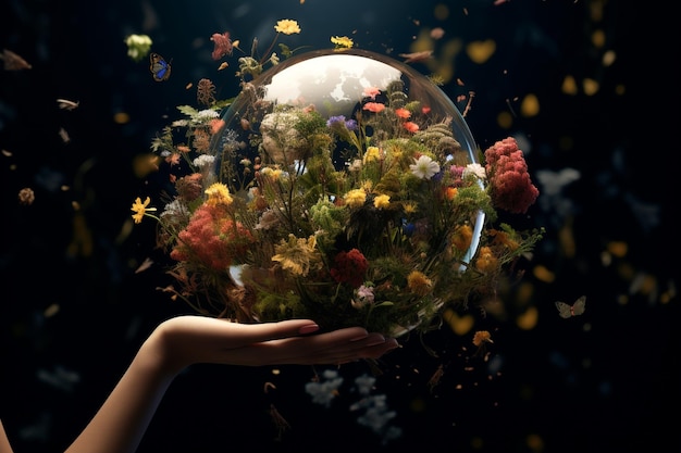 Manos sosteniendo un globo rodeado de hojas y generativo ai