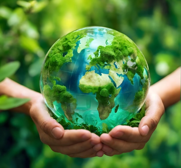 Manos sosteniendo un globo terrestre con bosque verde en el fondo