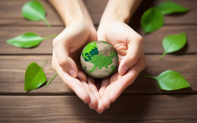 Manos sosteniendo un globo verde con la palabra tierra