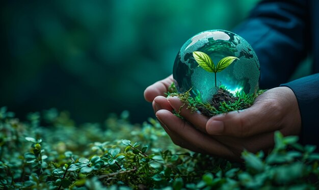 Manos sosteniendo el globo verde con plantas Naturaleza segura concepto del día de la tierra Cambio climático Conciencia