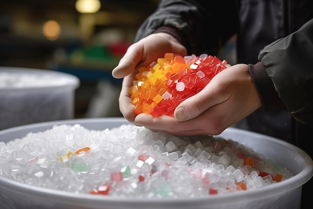 Manos sosteniendo gránulos de plástico multicolores sobre un recipiente