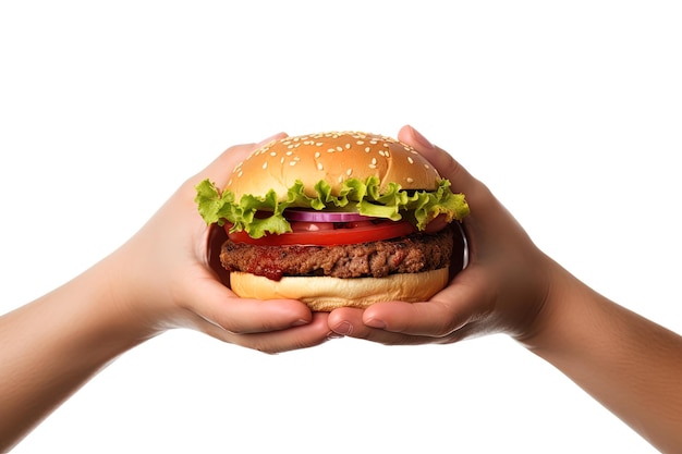 Manos sosteniendo una hamburguesa aislado sobre fondo blanco.