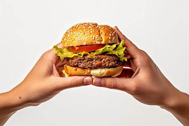 Manos sosteniendo una hamburguesa aislado sobre fondo blanco.