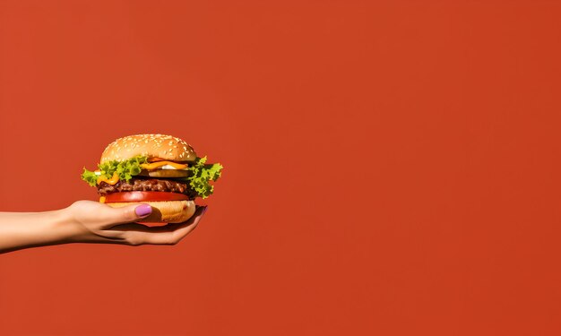 Foto manos sosteniendo una hamburguesa con espacio de copia para el diseño de un cartel publicitario de comida rápida