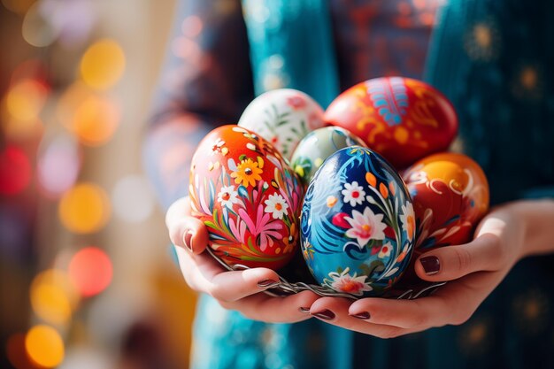 Foto manos sosteniendo huevos de pascua pintados por generativo ai