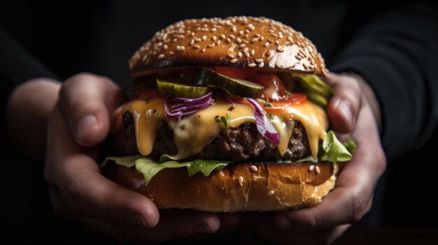 Manos sosteniendo jugosa hamburguesa de ternera