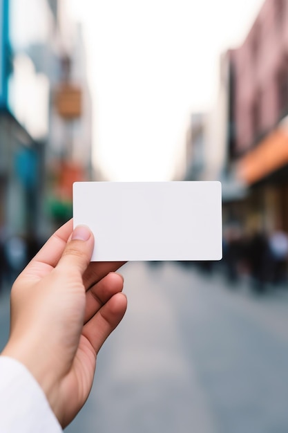 manos sosteniendo una maqueta de tarjeta blanca