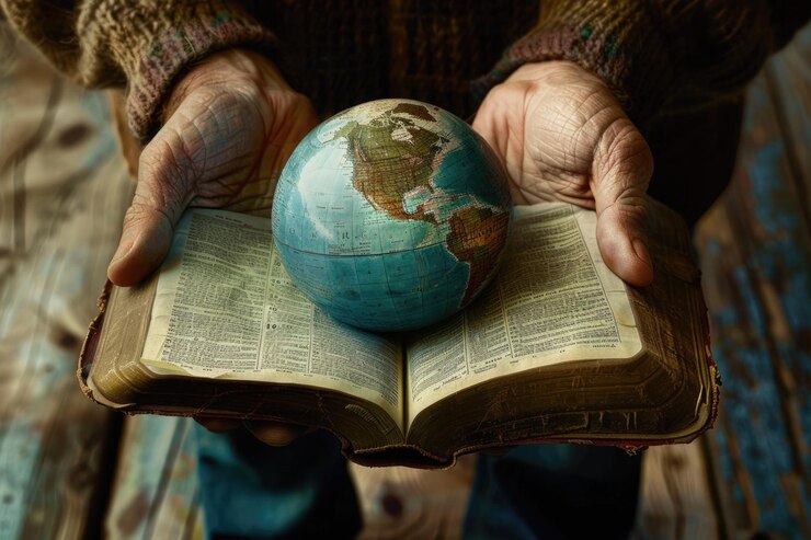 Manos sosteniendo el mundo en una Biblia abierta