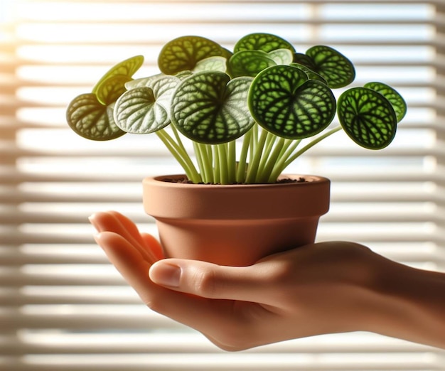 Manos sosteniendo una olla de plantas con pilea en brillante