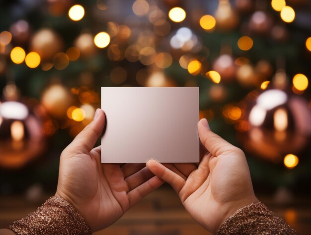 Manos sosteniendo papel en blanco en el entorno navideño