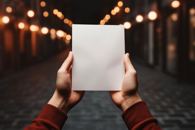 Manos sosteniendo un papel en blanco con luces de árbol de Navidad brillando