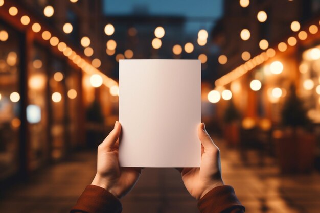 Manos sosteniendo un papel en blanco con luces de árbol de Navidad brillando