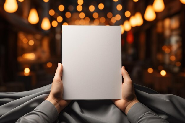 Manos sosteniendo un papel en blanco con luces de árbol de Navidad brillando