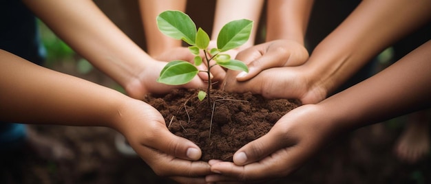 Foto manos sosteniendo una pequeña planta con las manos sosteniéndola