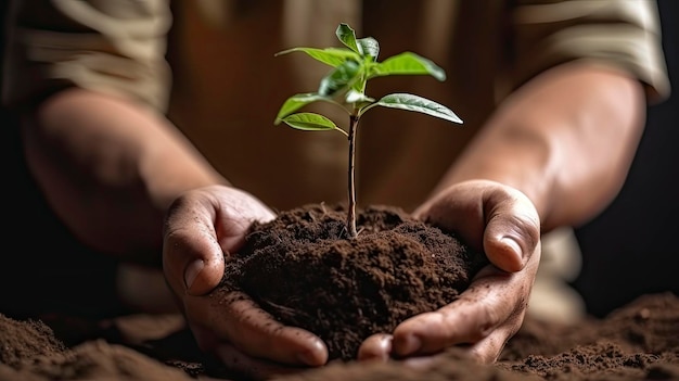 Foto manos sosteniendo una pequeña planta con la palabra árbol