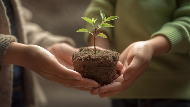 Manos sosteniendo una pequeña planta con la palabra árbol