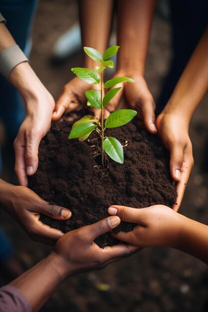 manos sosteniendo un pequeño árbol con manos sosteniando una pequeña planta