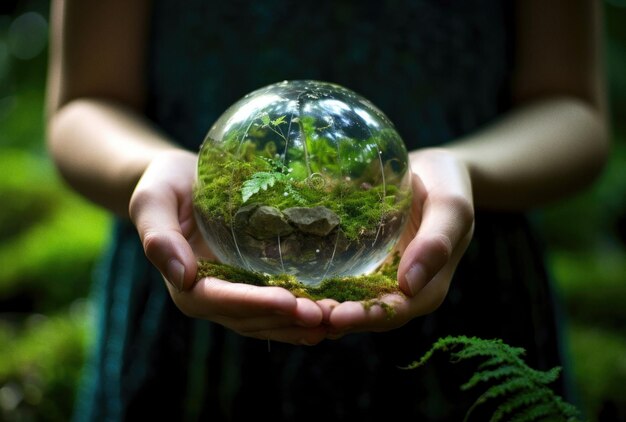 Foto manos sosteniendo un pequeño globo con musgo en la hierba generado por ai