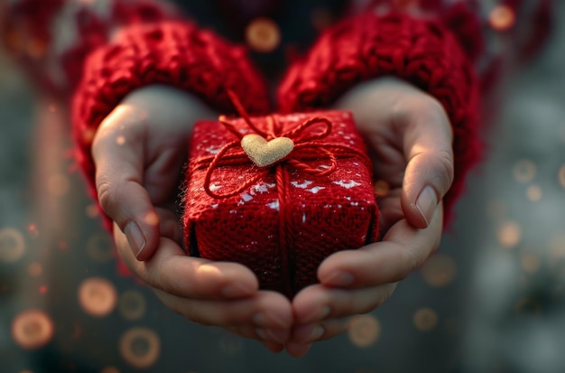 Foto manos sosteniendo un pequeño regalo con corazones dorados