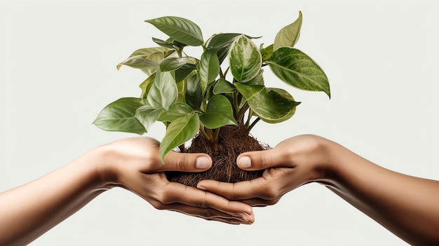 Foto manos sosteniendo una planta en un fondo transparente