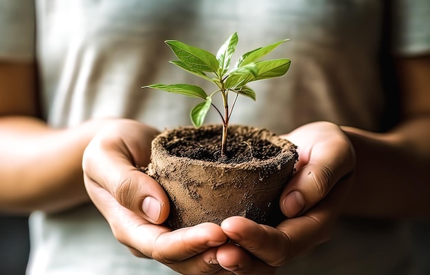 Manos sosteniendo planta joven con suelo sobre fondo de naturaleza borrosa Concepto de ecología