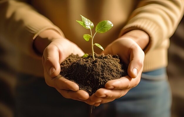 Manos sosteniendo planta joven con suelo sobre fondo de naturaleza borrosa Concepto de ecología