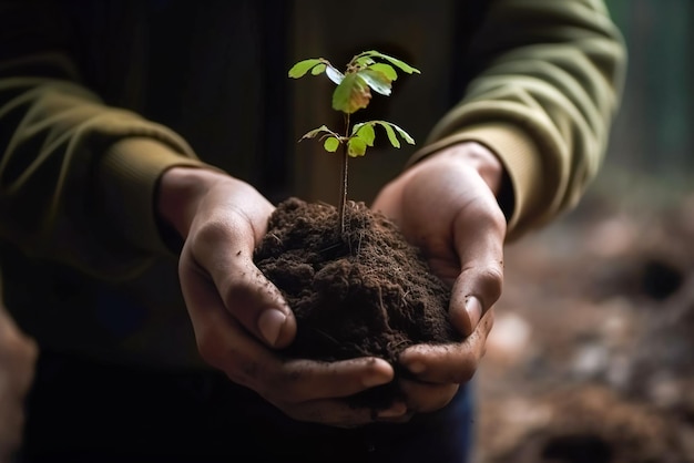 Manos sosteniendo plántulas verdes con suelo sobre fondo oscuro Concepto del día de la Tierra IA generativa