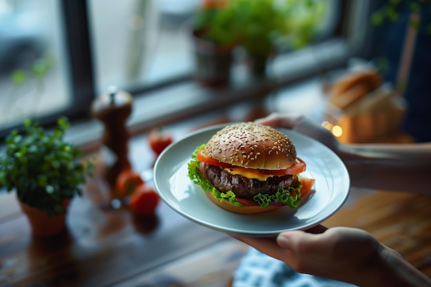 Manos sosteniendo un plato con una hamburguesa apetitosa contra el fondo de una mesa de un restaurante