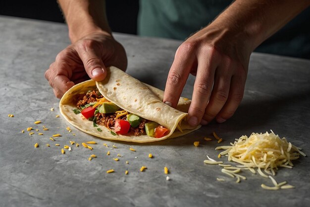 Manos sosteniendo una quesadilla con una b