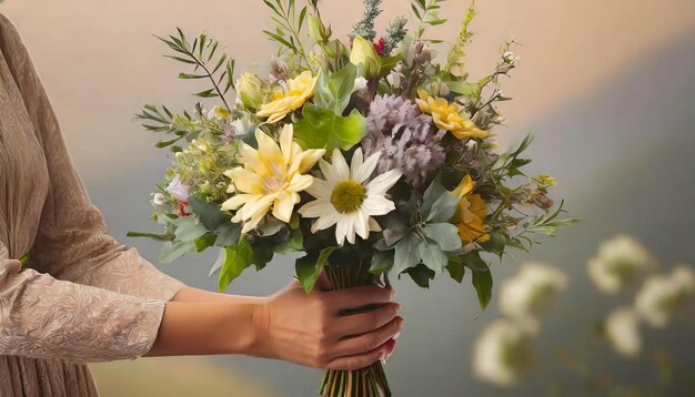 Las manos sosteniendo un ramo de flores boho