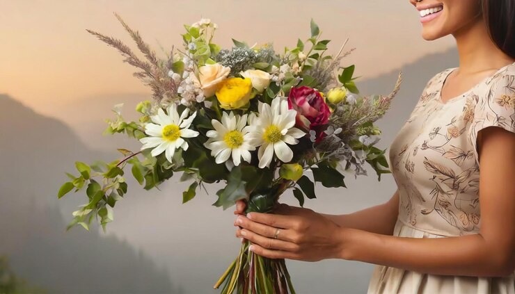 Las manos sosteniendo un ramo de flores boho