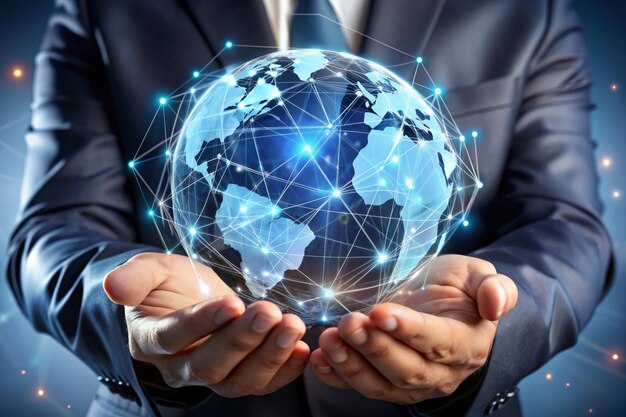Las manos sosteniendo la red global y la conexión de datos con el cliente Marketing digital Medios sociales Negocios en Internet Redes sociales y redes de comunicación en todo el mundo
