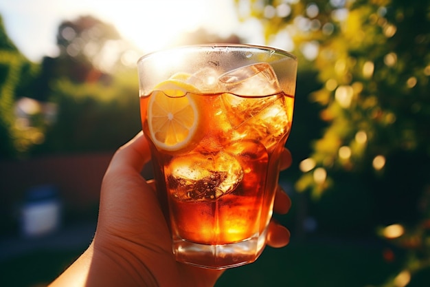 Manos sosteniendo un refrescante vaso de té helado contra un fondo al aire libre de verano